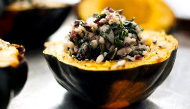 Roasted Acorn Squash and Apples with Quinoa, Kale, and Tahini Maple Dressing