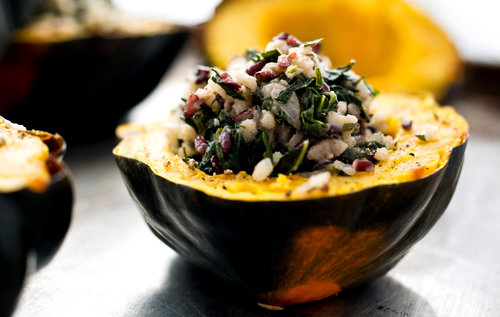 Roasted Acorn Squash and Apples with Quinoa, Kale, and Tahini Maple Dressing